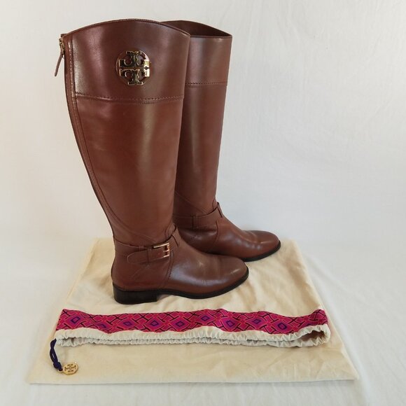 Tory Burch Adeline Riding Boots READ Brown Leather SIZE 6.5 M Dust Bag Zip Back - Picture 1 of 16